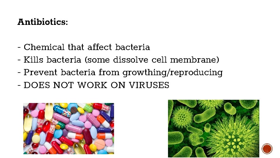 Antibiotics: - Chemical that affect bacteria - Kills bacteria (some dissolve cell membrane) - Antibiotics: - Chemical that affect bacteria - Kills bacteria (some dissolve cell membrane) -
