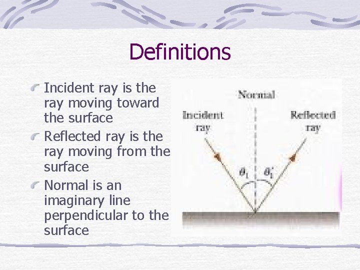 Definitions Incident ray is the ray moving toward the surface Reflected ray is the