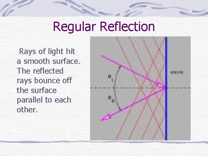 Regular Reflection Rays of light hit a smooth surface. The reflected rays bounce off