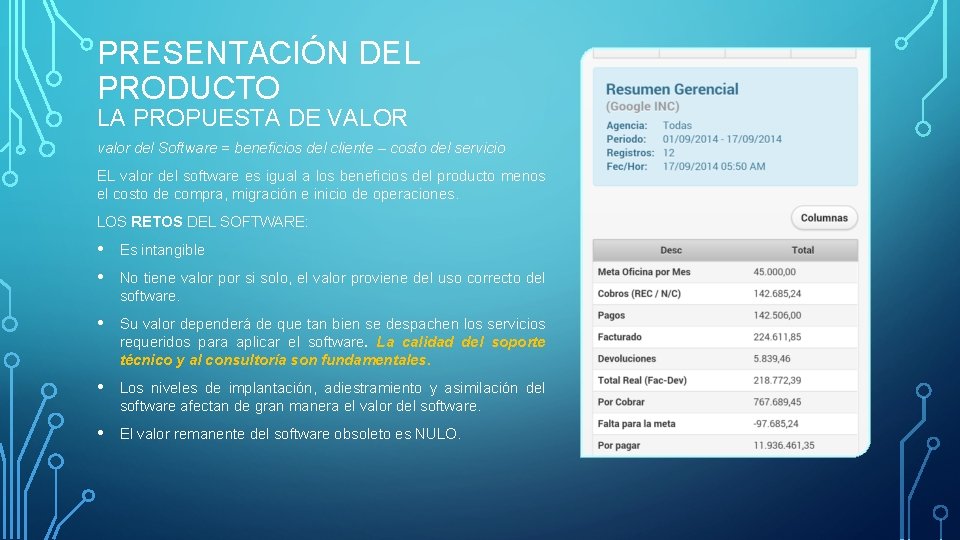 PRESENTACIÓN DEL PRODUCTO LA PROPUESTA DE VALOR valor del Software = beneficios del cliente