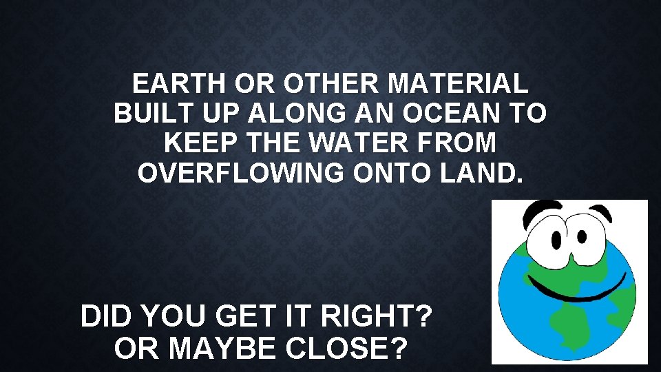 EARTH OR OTHER MATERIAL BUILT UP ALONG AN OCEAN TO KEEP THE WATER FROM