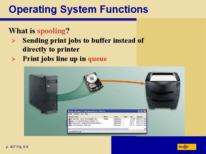 Operating System Functions What is spooling? Ø Ø Sending print jobs to buffer instead