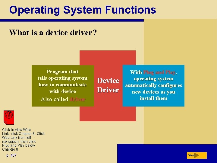 Operating System Functions What is a device driver? Program that tells operating system how