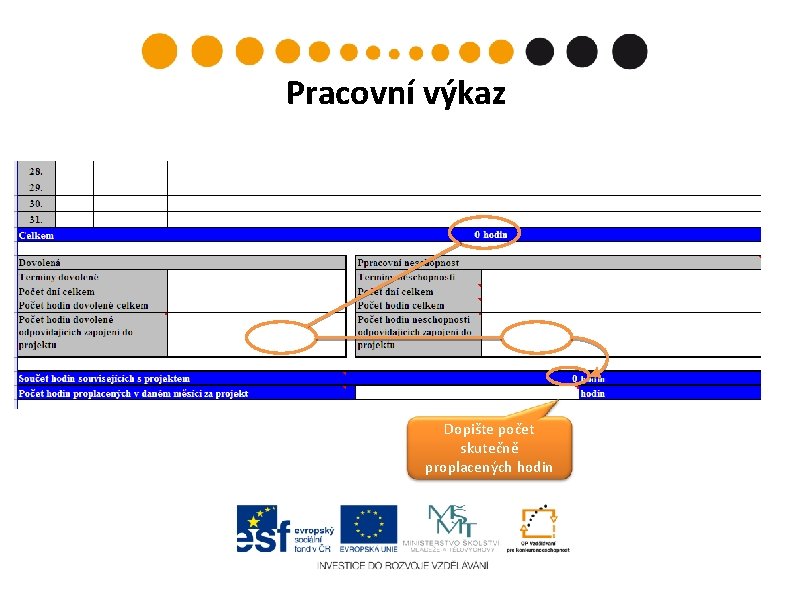 Pracovní výkaz Dopište počet skutečně proplacených hodin 