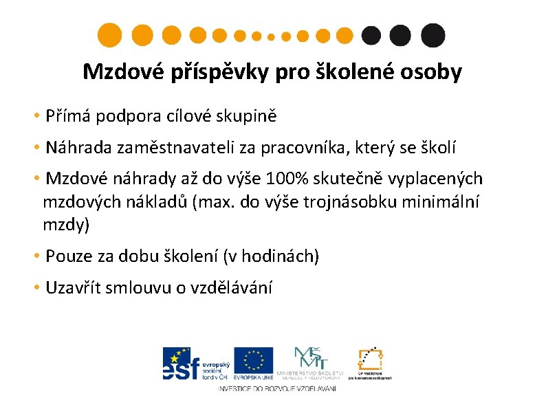 Mzdové příspěvky pro školené osoby • Přímá podpora cílové skupině • Náhrada zaměstnavateli za