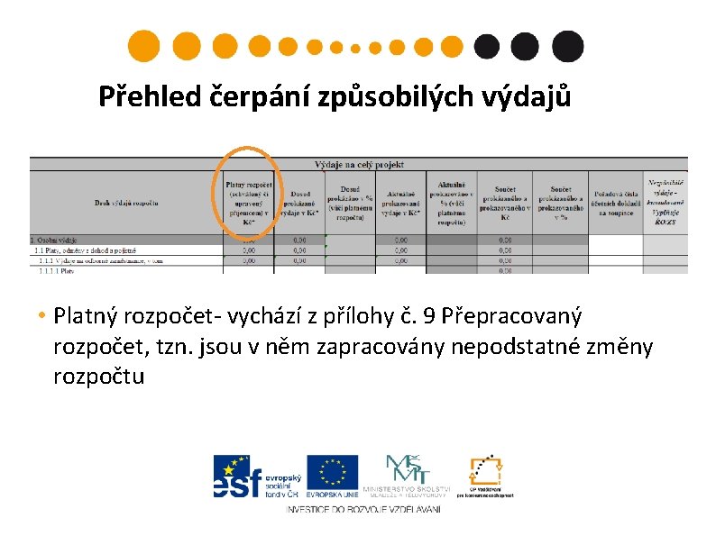 Přehled čerpání způsobilých výdajů • Platný rozpočet- vychází z přílohy č. 9 Přepracovaný rozpočet,