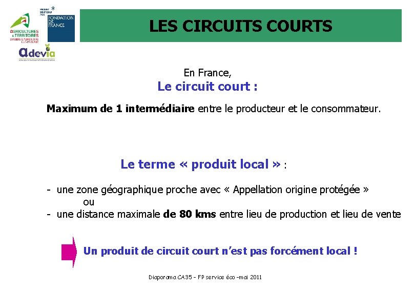 LES CIRCUITS COURTS En France, Le circuit court : Maximum de 1 intermédiaire entre