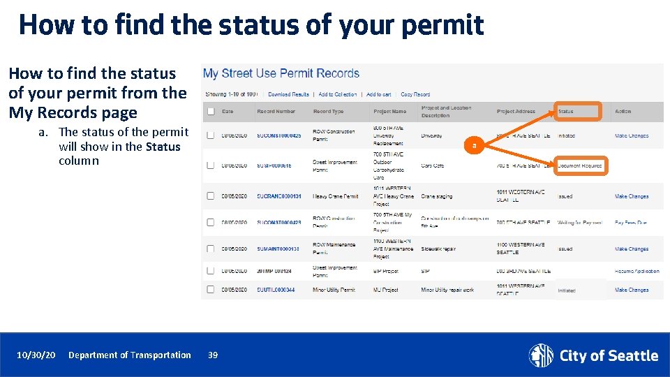 How to find the status of your permit from the My Records page a.