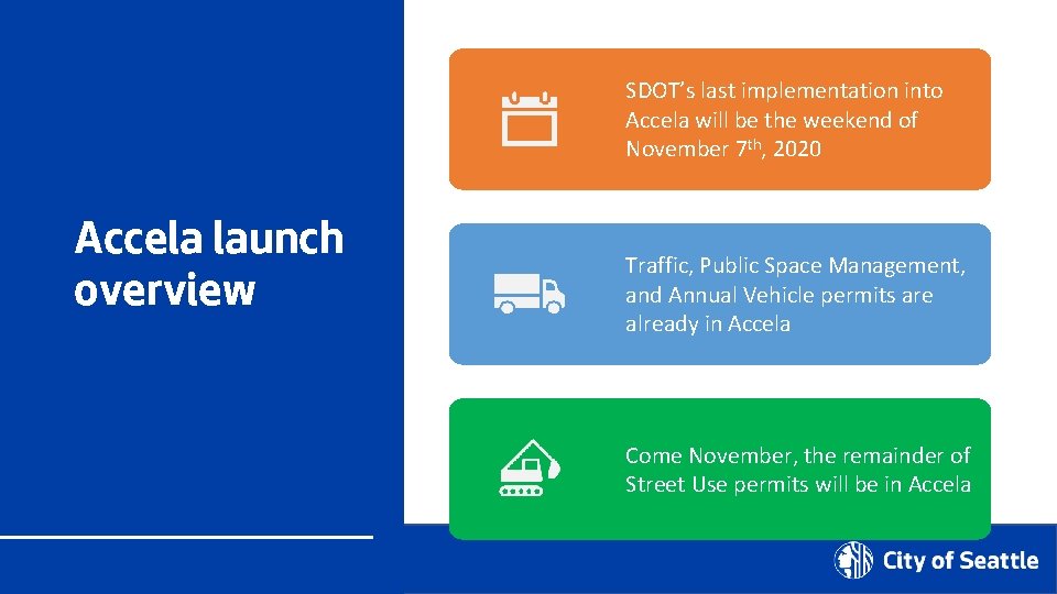 SDOT’s last implementation into Accela will be the weekend of November 7 th, 2020