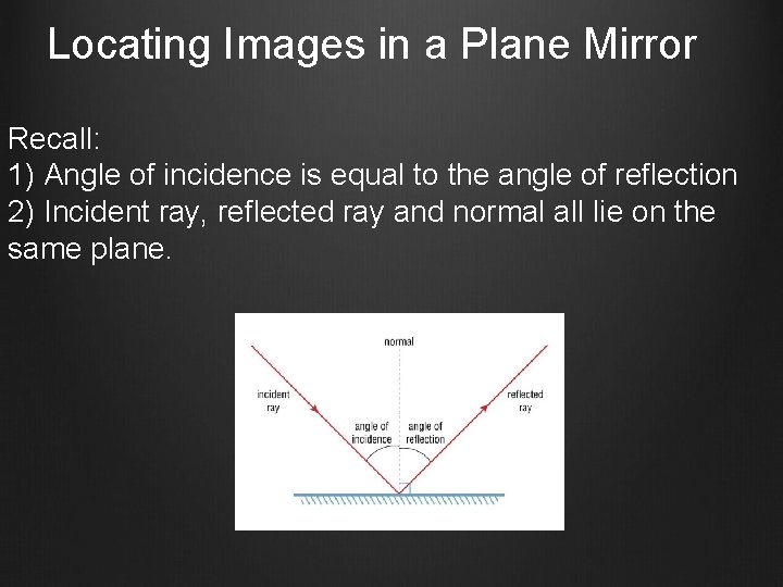 Locating Images in a Plane Mirror Recall: 1) Angle of incidence is equal to