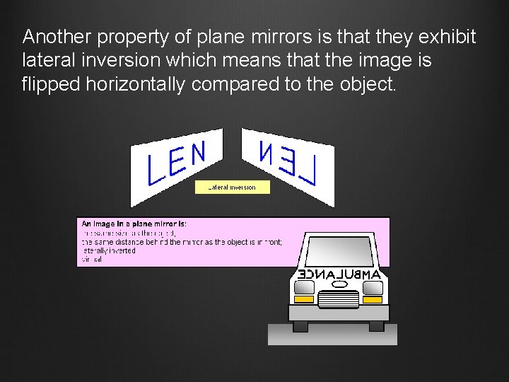Another property of plane mirrors is that they exhibit lateral inversion which means that