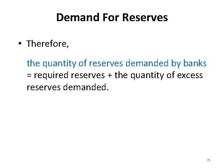 Demand For Reserves • Therefore, the quantity of reserves demanded by banks = required