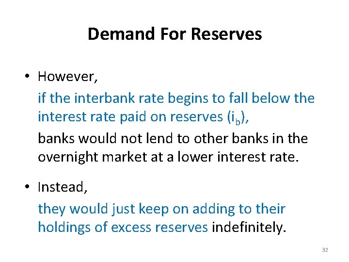Demand For Reserves • However, if the interbank rate begins to fall below the