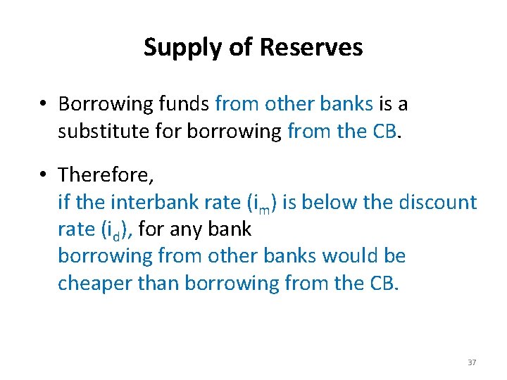 Supply of Reserves • Borrowing funds from other banks is a substitute for borrowing