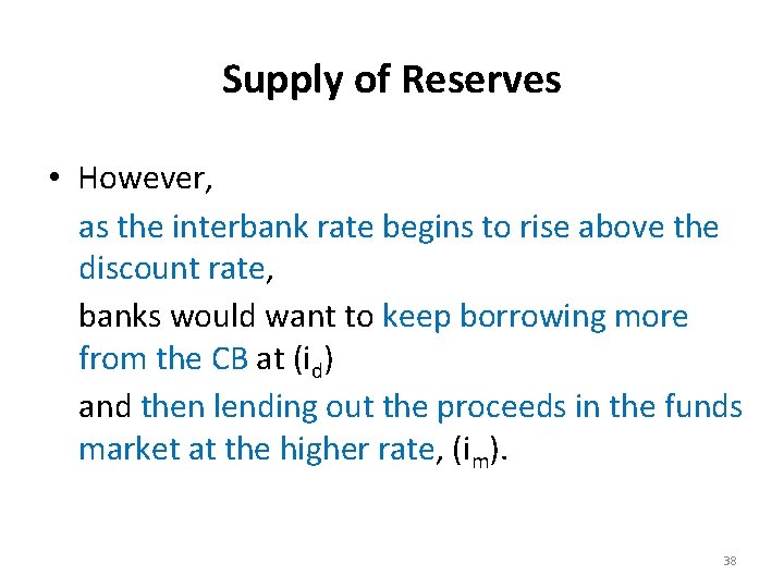 Supply of Reserves • However, as the interbank rate begins to rise above the