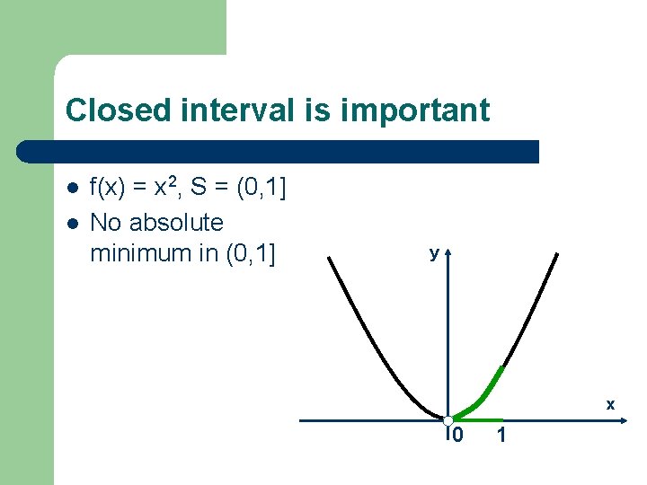 Closed interval is important l l f(x) = x 2, S = (0, 1]