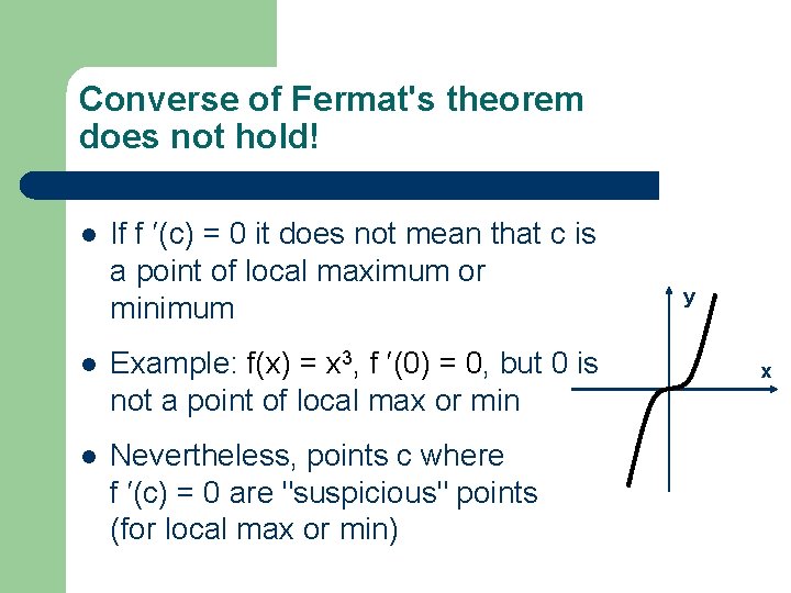 Converse of Fermat's theorem does not hold! l If f ′(c) = 0 it