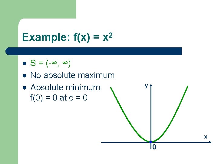 Example: f(x) = x 2 l l l S = (-∞, ∞) No absolute