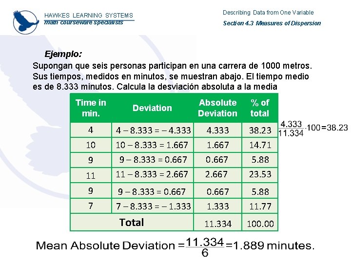 HAWKES LEARNING SYSTEMS math courseware specialists Describing Data from One Variable Section 4. 3