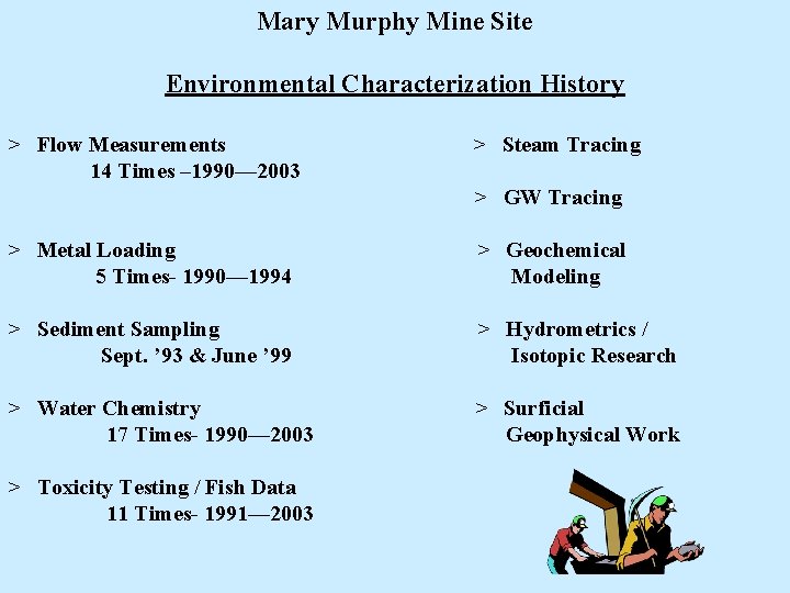 Mary Murphy Mine Site Environmental Characterization History > Flow Measurements 14 Times – 1990—
