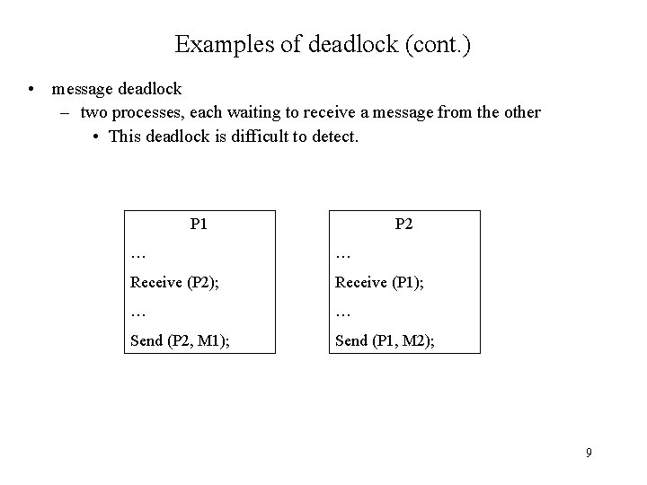 Examples of deadlock (cont. ) • message deadlock – two processes, each waiting to