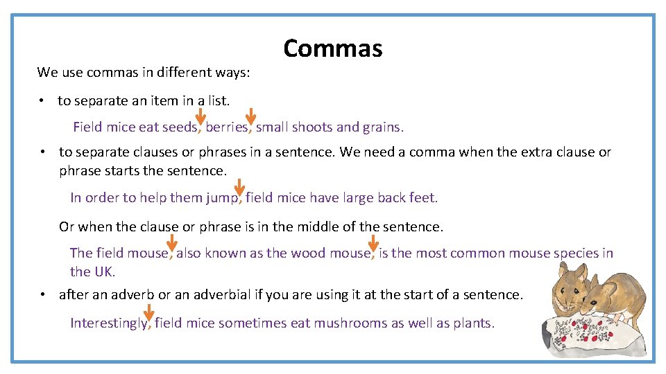 We use commas in different ways: Commas • to separate an item in a