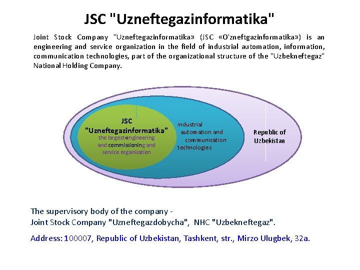 JSC "Uzneftegazinformatika" Joint Stock Company "Uzneftegazinformatika» (JSC «O'zneftgazinformatika» ) is an engineering and service