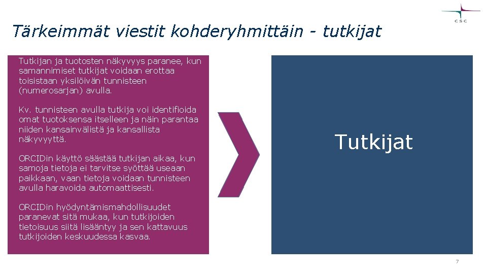 Tärkeimmät viestit kohderyhmittäin - tutkijat Tutkijan ja tuotosten näkyvyys paranee, kun samannimiset tutkijat voidaan