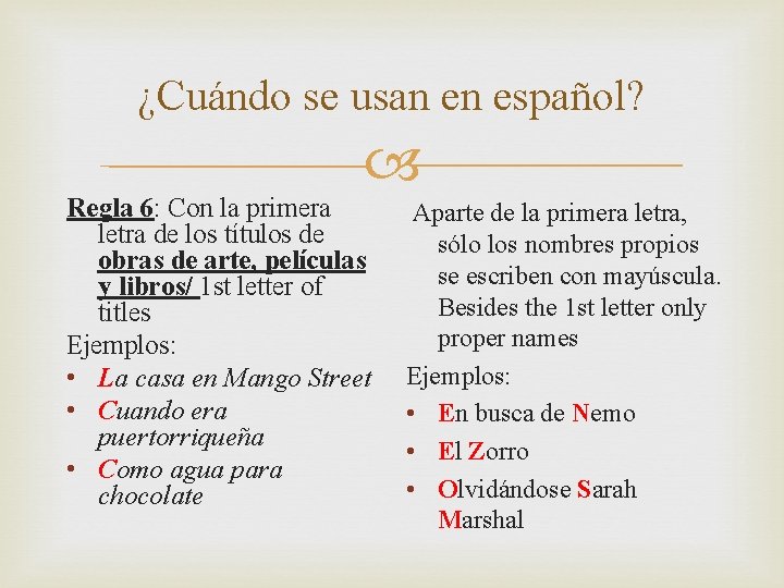 ¿Cuándo se usan en español? Regla 6: Con la primera letra de los títulos