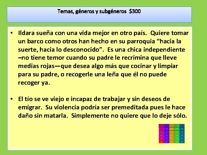 Temas, géneros y subgéneros $300 • Ildara sueña con una vida mejor en otro