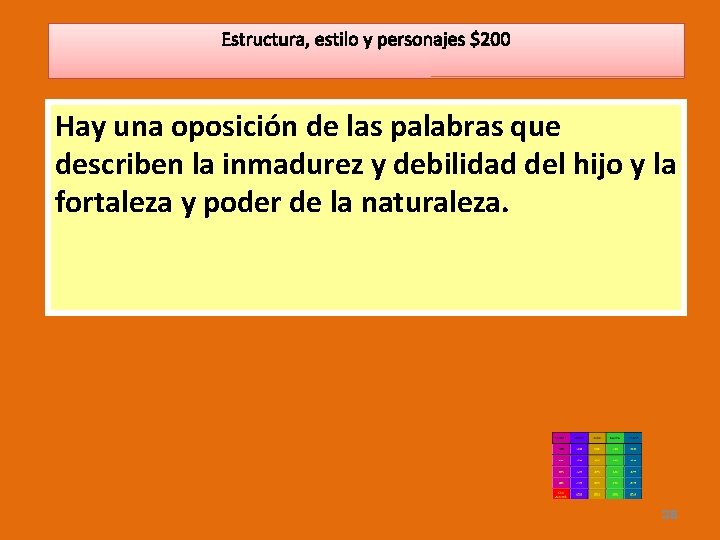 Estructura, estilo y personajes $200 Hay una oposición de las palabras que describen la