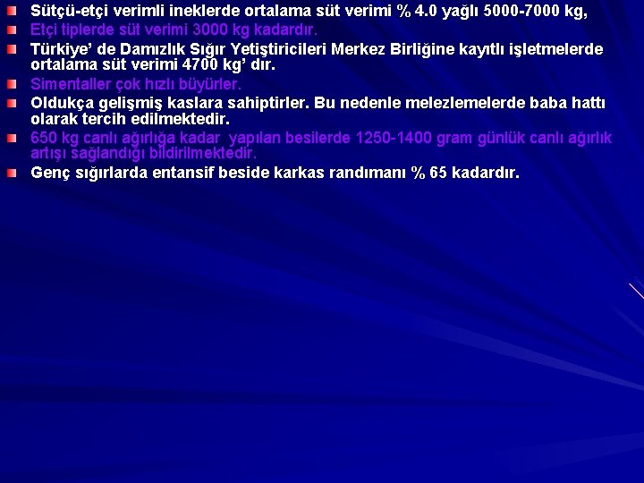 Sütçü-etçi verimli ineklerde ortalama süt verimi % 4. 0 yağlı 5000 -7000 kg, Etçi