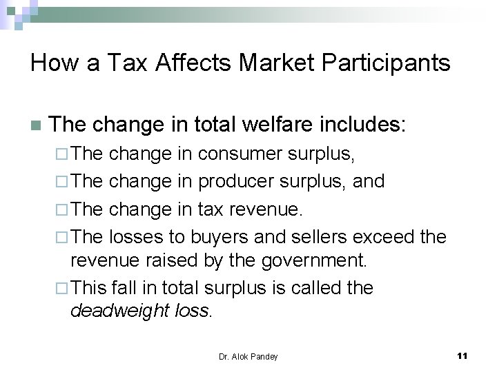 How a Tax Affects Market Participants n The change in total welfare includes: ¨