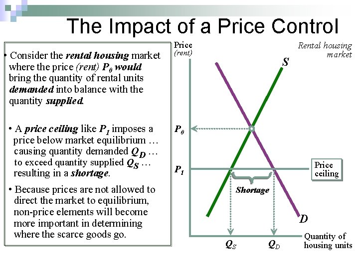 The Impact of a Price Control • Consider the rental housing market where the