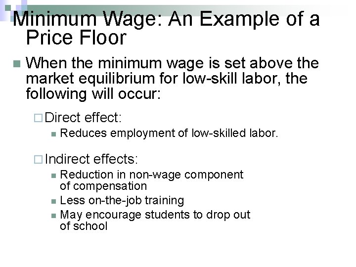 Minimum Wage: An Example of a Price Floor n When the minimum wage is