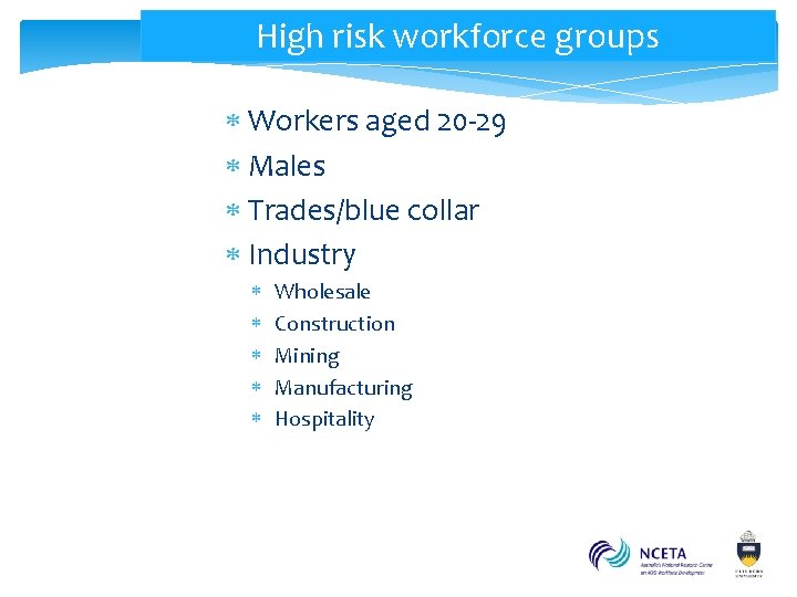 High risk workforce groups Workers aged 20 -29 Males Trades/blue collar Industry Wholesale Construction