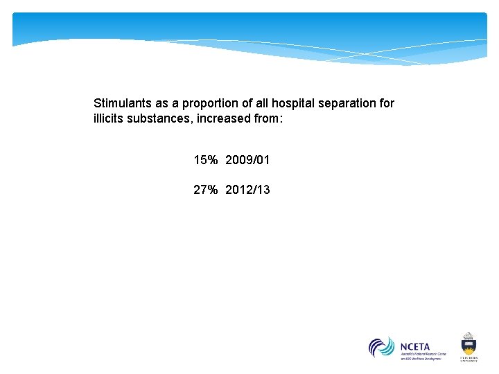 Stimulants as a proportion of all hospital separation for illicits substances, increased from: 15%