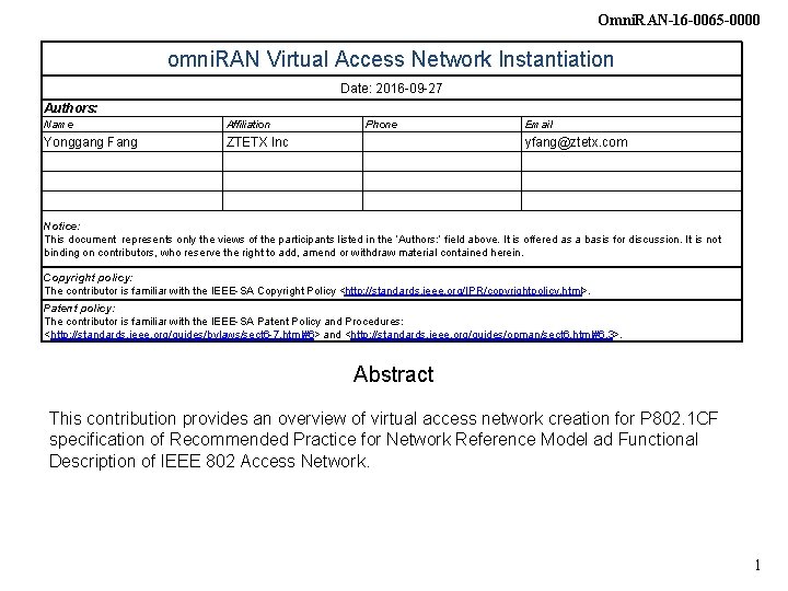 Omni. RAN-16 -0065 -0000 omni. RAN Virtual Access Network Instantiation Date: 2016 -09 -27