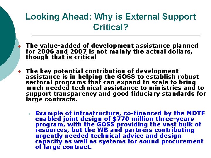 Looking Ahead: Why is External Support Critical? The value-added of development assistance planned for