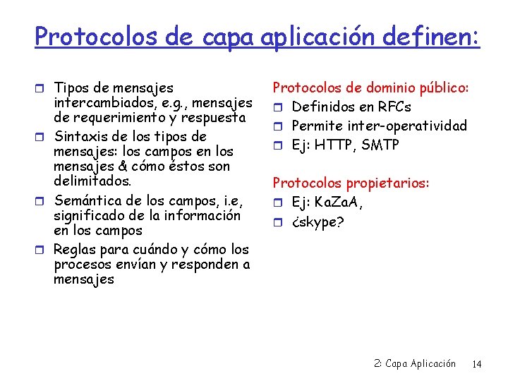 Protocolos de capa aplicación definen: Tipos de mensajes intercambiados, e. g. , mensajes de