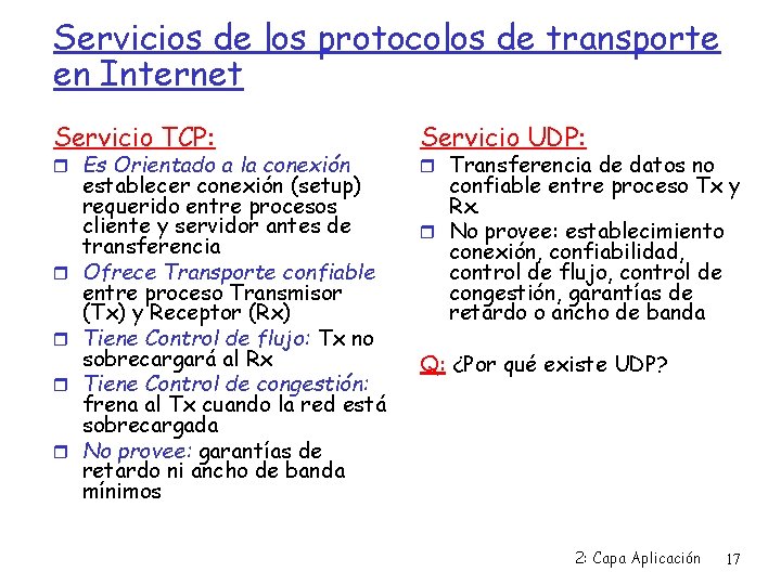 Servicios de los protocolos de transporte en Internet Servicio TCP: Es Orientado a la