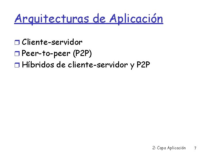 Arquitecturas de Aplicación Cliente-servidor Peer-to-peer (P 2 P) Híbridos de cliente-servidor y P 2