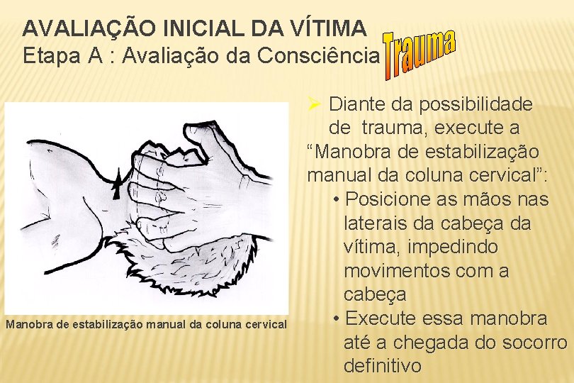 AVALIAÇÃO INICIAL DA VÍTIMA Etapa A : Avaliação da Consciência Manobra de estabilização manual
