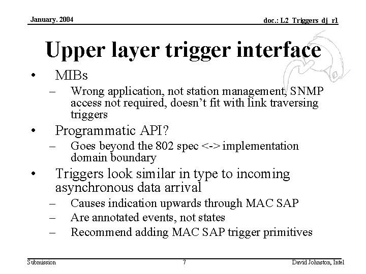 January. 2004 doc. : L 2_Triggers_dj_r 1 Upper layer trigger interface • MIBs –