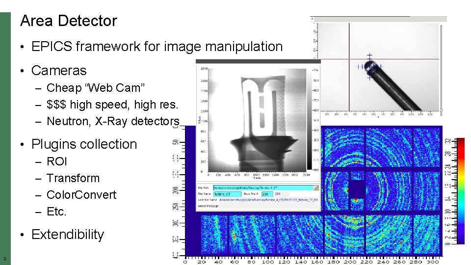 Area Detector • EPICS framework for image manipulation • Cameras – Cheap “Web Cam”