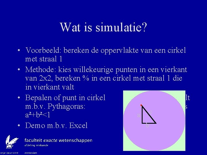 Wat is simulatie? • Voorbeeld: bereken de oppervlakte van een cirkel met straal 1