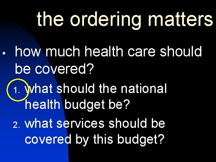 the ordering matters how much health care should be covered? 1. 2. what should the ordering matters how much health care should be covered? 1. 2. what should