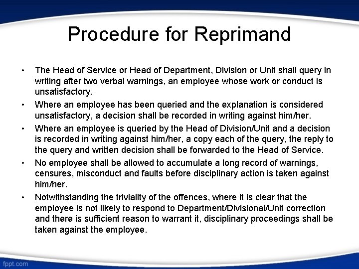 Procedure for Reprimand • • • The Head of Service or Head of Department,