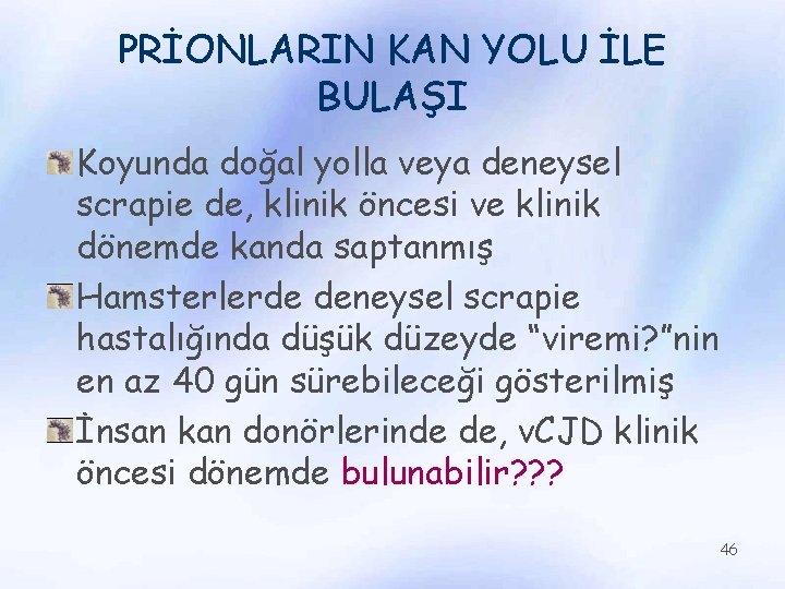 PRİONLARIN KAN YOLU İLE BULAŞI Koyunda doğal yolla veya deneysel scrapie de, klinik öncesi