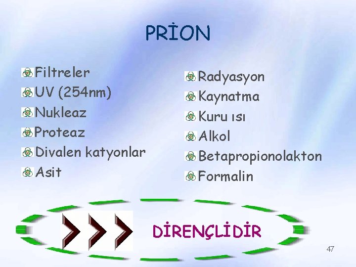 PRİON Filtreler UV (254 nm) Nukleaz Proteaz Divalen katyonlar Asit Radyasyon Kaynatma Kuru ısı